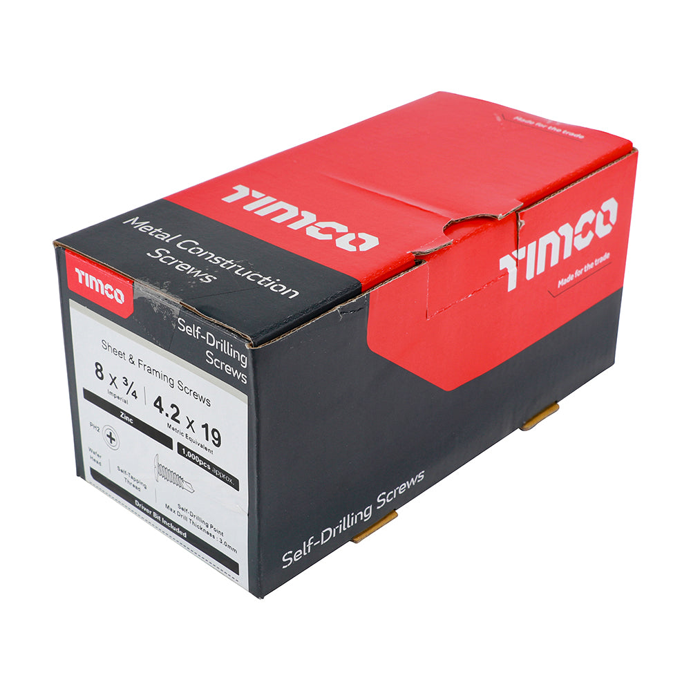 This is an image of Timco - Metal Construction Sheet & Framing Screws - PH - Wafer - Self-Drilling - Zinc 4.2 x 19mm - (1000 PCS Box) 00019WHSD
