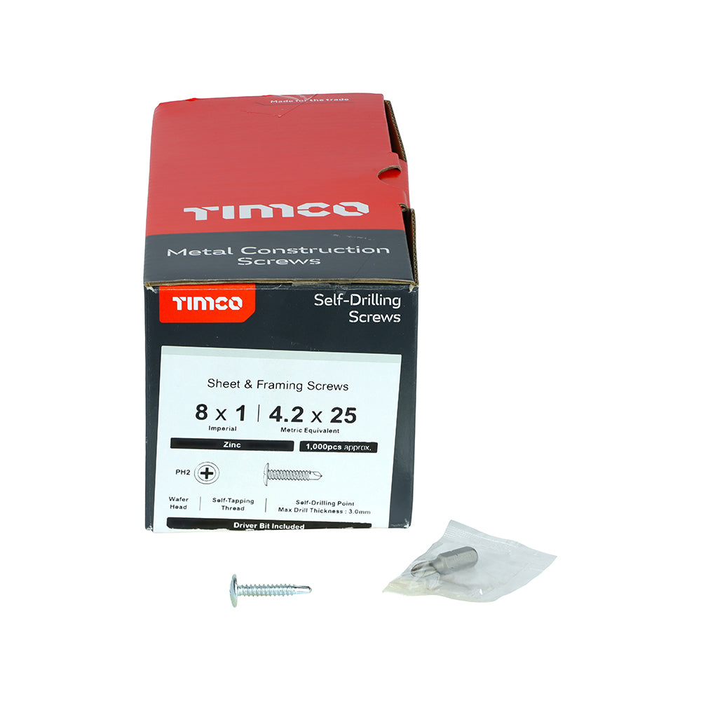 This is an image of Timco - Metal Construction Sheet & Framing Screws - PH - Wafer - Self-Drilling - Zinc 4.2 x 25mm - (1000 PCS Box) 00025WHSD