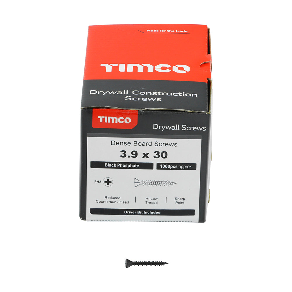 This is an image of Timco - Drywall Dense Board Screws - PH - Reduced Countersunk - High-Low Thread - Black 3.9 x 30mm - (1000 PCS Box) 00030DRYD