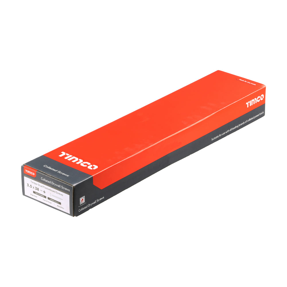 This is an image of Timco - Collated Drywall Screws - PH - Bugle - Coarse Thread - Black 3.5 x 38mm - (1000 PCS Box) 00038COLDYS