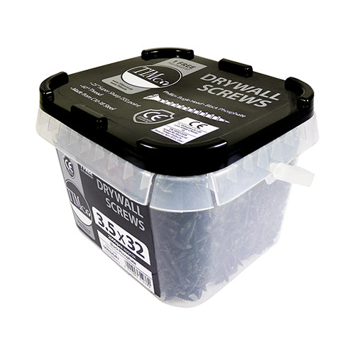 This is an image of Timco - Drywall Screws - PH - Bugle - Coarse Thread - Black 3.5 x 38mm - (1500 PCS Tub) 00038DRYCT