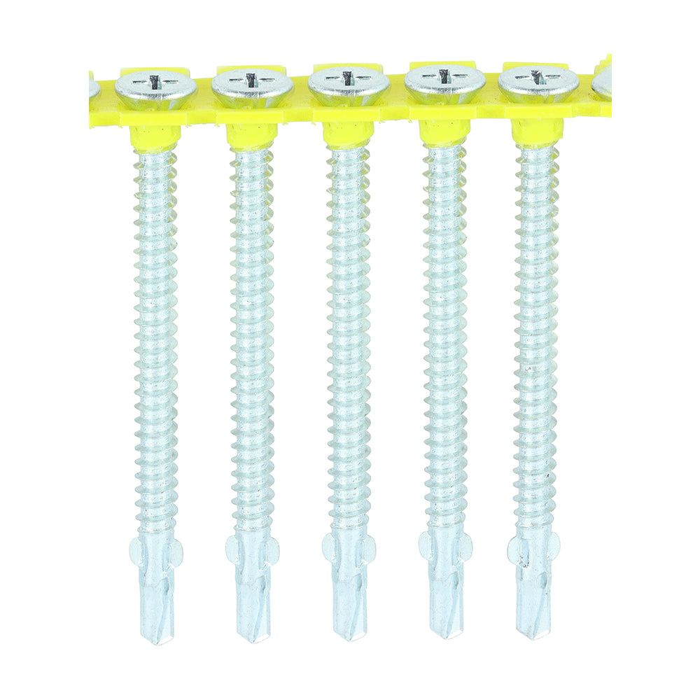 This is an image of Timco - Collated Timber to Light Section Screws - Countersunk - Wing-Tip - Self-Drilling - Exterior - Silver Organic 4.8 x 44mm - (1000 PCS Box) 00044COLLW