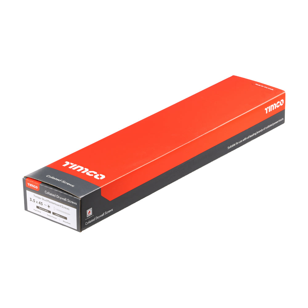 This is an image of Timco - Collated Drywall Screws - PH - Bugle - Coarse Thread - Black 3.5 x 45mm - (1000 PCS Box) 00045COLDYS