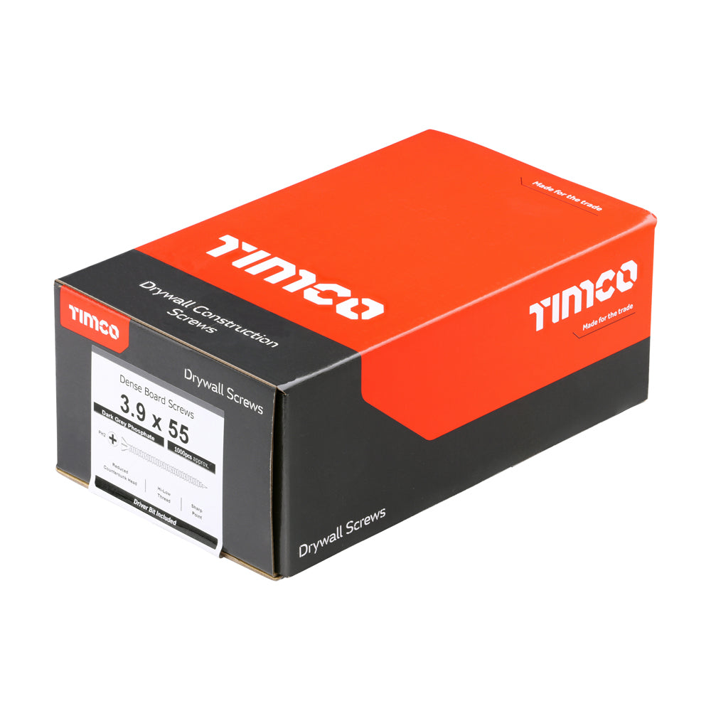 This is an image of Timco - Drywall Dense Board Screws - PH - Reduced Countersunk - High-Low Thread - Black 3.9 x 55mm - (1000 PCS Box) 00055DRYD