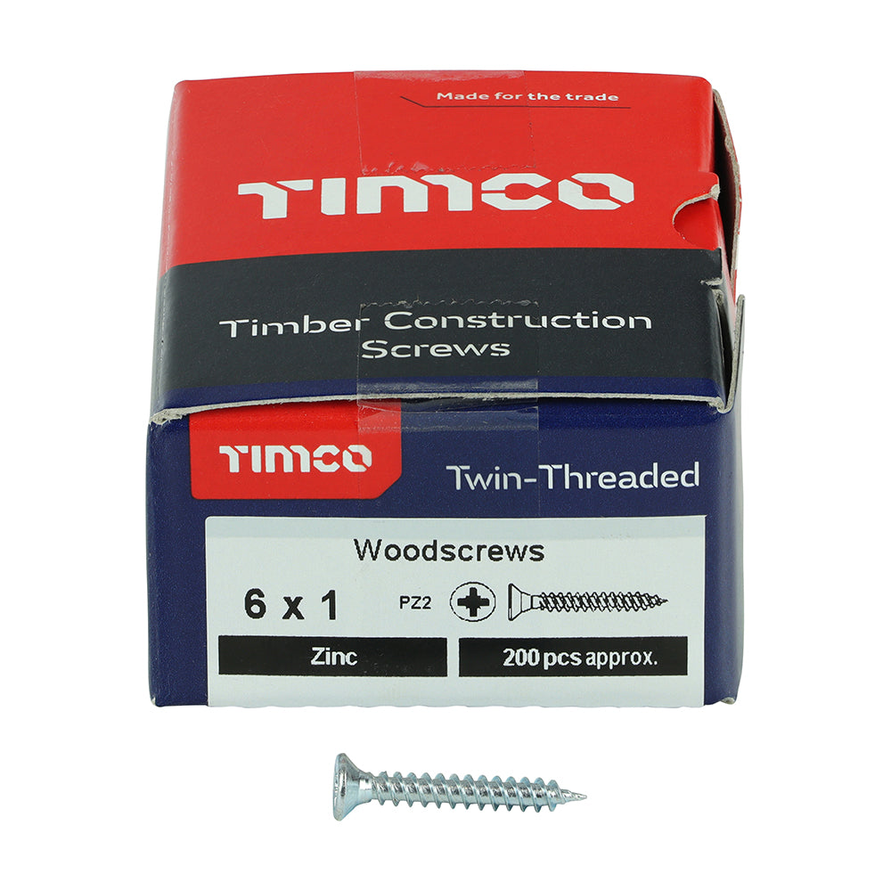 This is an image of Timco - Twin-Threaded Woodscrews - PZ - Double Countersunk - Zinc 6 x 1" - (200 PCS Box) 00061CWZ