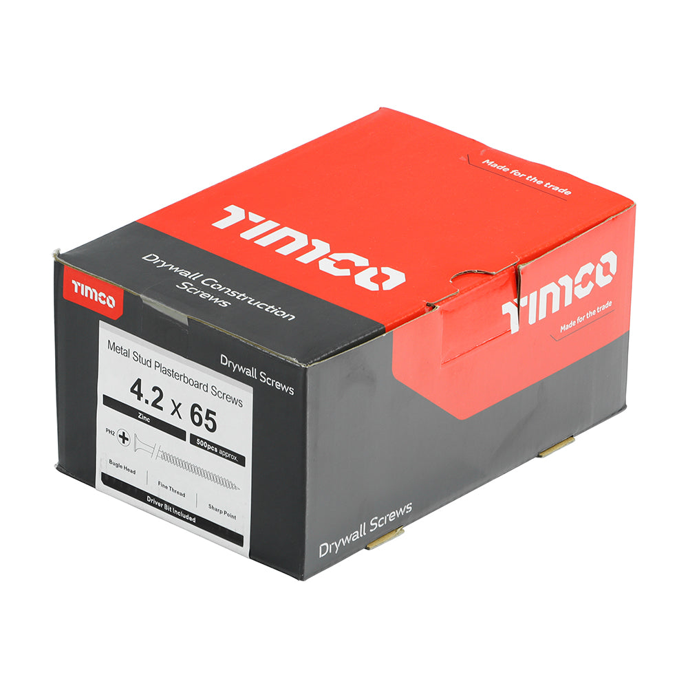This is an image of Timco - Drywall Screws - PH - Bugle - Fine Thread - Zinc 4.2 x 65mm - (500 PCS Box) 00065DRYZ