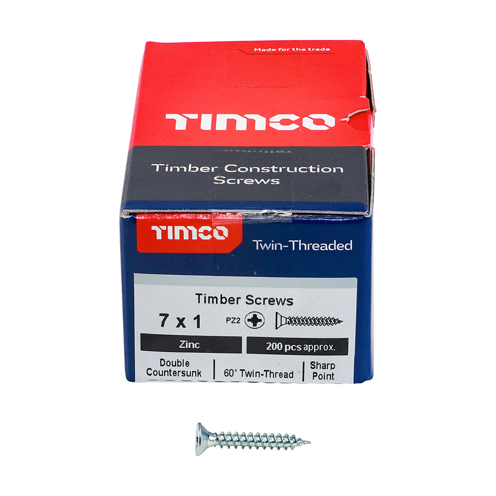 This is an image of Timco - Twin-Threaded Woodscrews - PZ - Double Countersunk - Zinc 7 x 1" - (200 PCS Box) 00071CWZ