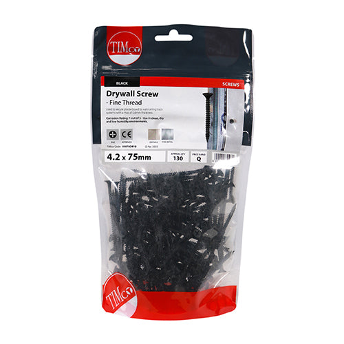This is an image of Timco - Drywall Screws - Fine Thread - PH - Bugle - Black 4.2 x 75mm - (130 PCS TIMbag) 00075DRYB