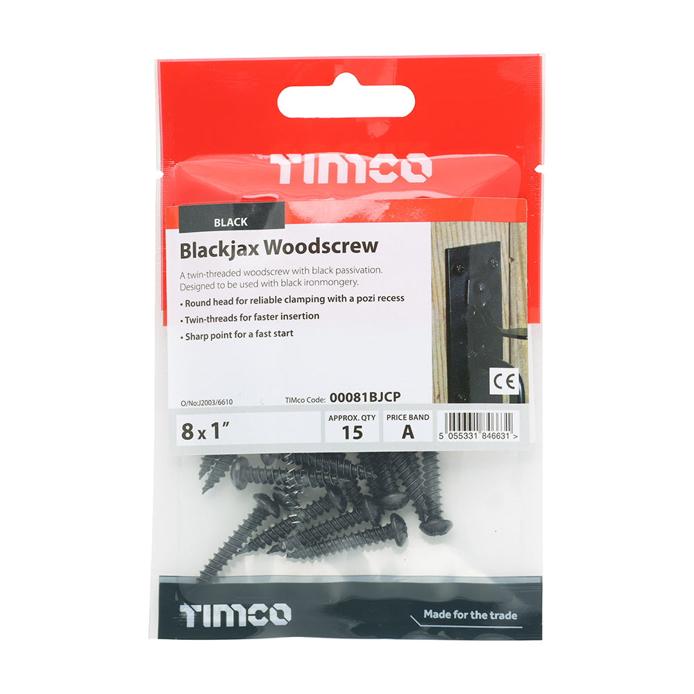 This is an image of Timco - Blackjax Screws - PZ - Round - Black 8 x 1" - (15 PCS TIMpac) 00081BJCP