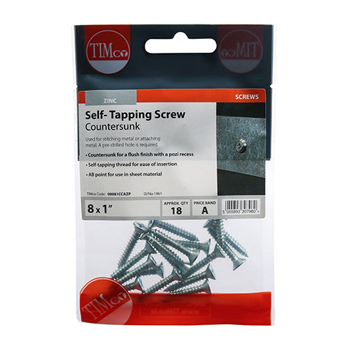 This is an image of Timco - Self-Tapping Screws - PZ - Countersunk - Zinc 8 x 1" - (18 PCS TIMpac) 00081CCAZP