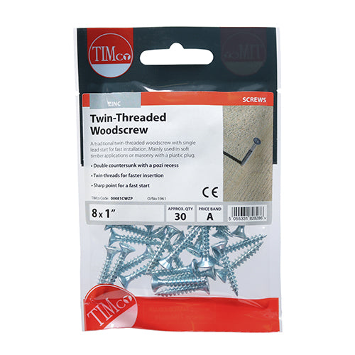 This is an image of Timco - Twin-Thread Woodscrews - PZ - Double Countersunk - Zinc 8 x 1" - (30 PCS TIMpac) 00081CWZP