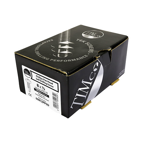 This is an image of Timco - Metal Construction Sheet & Stud Screws - PH - Pan - Self-Drilling - Zinc 8 x 1" - (1000 PCS Box) 00081PPSD