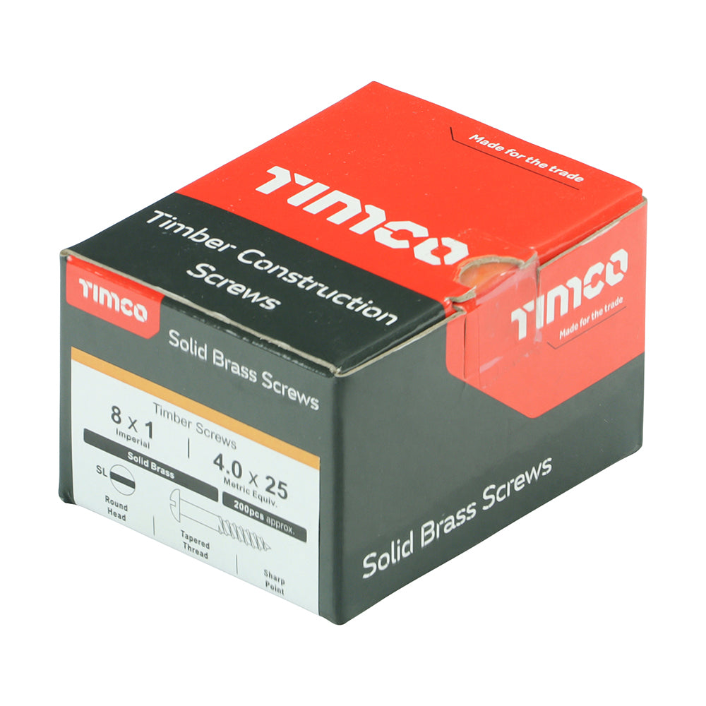 This is an image of Timco - Solid Brass Timber Screws - SLOT - Round 8 x 1" - (200 PCS Box) 00081RBS