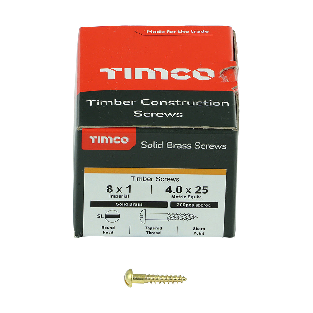This is an image of Timco - Solid Brass Timber Screws - SLOT - Round 8 x 1" - (200 PCS Box) 00081RBS