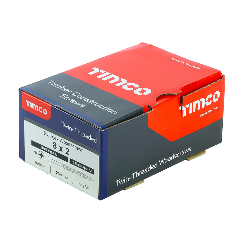 This is an image of Timco - Blackjax Woodscrews - PZ - Round - Black Organic 8 x 2" - (200 PCS Box) 00082BJC