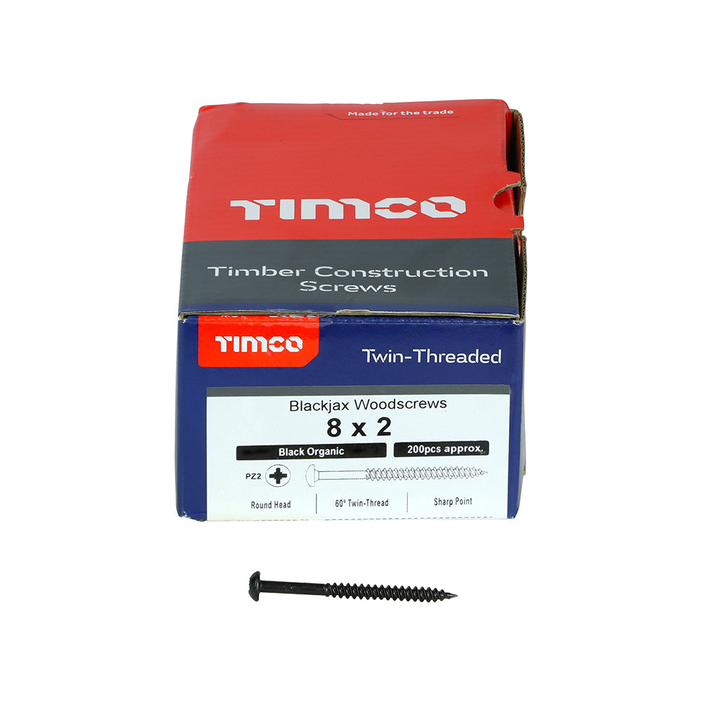 This is an image of Timco - Blackjax Woodscrews - PZ - Round - Black Organic 8 x 2" - (200 PCS Box) 00082BJC