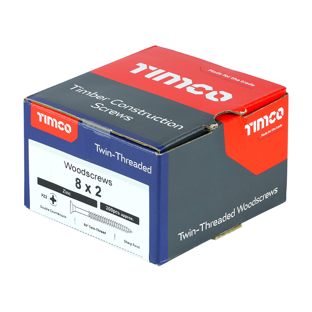 This is an image of Timco - Twin-Threaded Woodscrews - PZ - Double Countersunk - Zinc 8 x 2" - (200 PCS Box) 00082CWZ