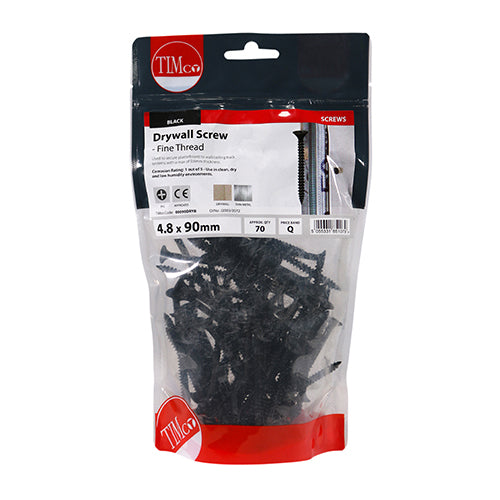 This is an image of Timco - Drywall Screws - Fine Thread - PH - Bugle - Black 4.8 x 90mm - (70 PCS TIMbag) 00090DRYB