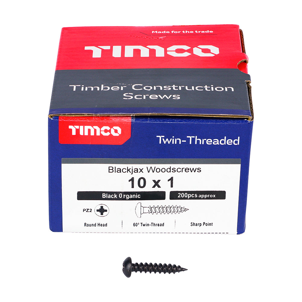 This is an image of Timco - Blackjax Woodscrews - PZ - Round - Black Organic 10 x 1" - (200 PCS Box) 00101BJC