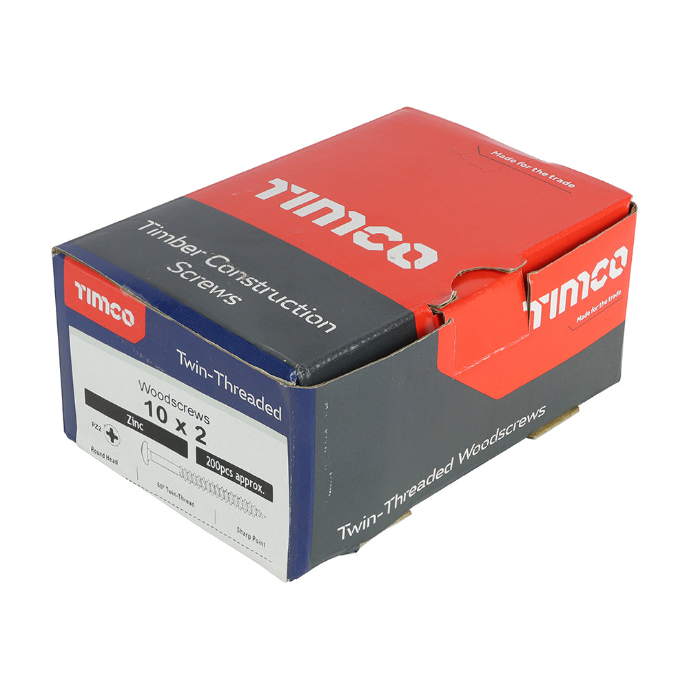 This is an image of Timco - Twin-Threaded Woodscrews - PZ - Round - Zinc 10 x 2" - (200 PCS Box) 00102CRWZ