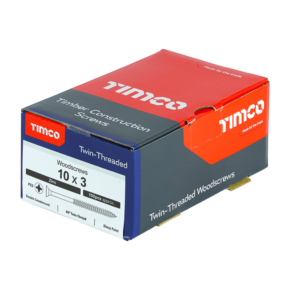 This is an image of Timco - Twin-Threaded Woodscrews - PZ - Double Countersunk - Zinc 10 x 3" - (100 PCS Box) 00103CWZ100