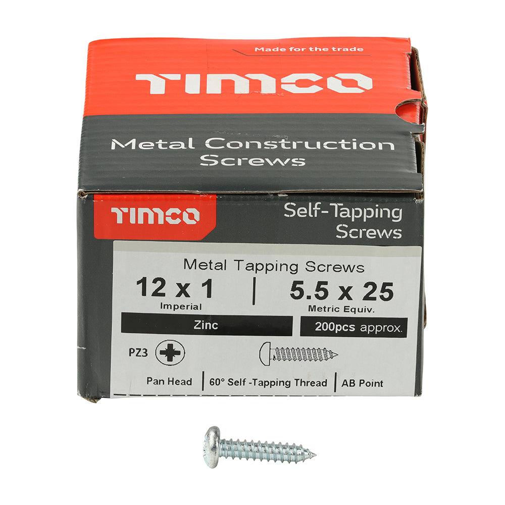 This is an image of Timco - Metal Tapping Screws - PZ - Pan - Self-Tapping - Zinc 12 x 1" - (200 PCS Box) 00121CPAZS