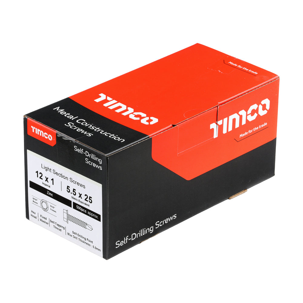 This is an image of Timco - Metal Construction Light Section Screws - Hex - Self-Drilling - Zinc 12 x 1" - (500 PCS Box) 00121HWSD