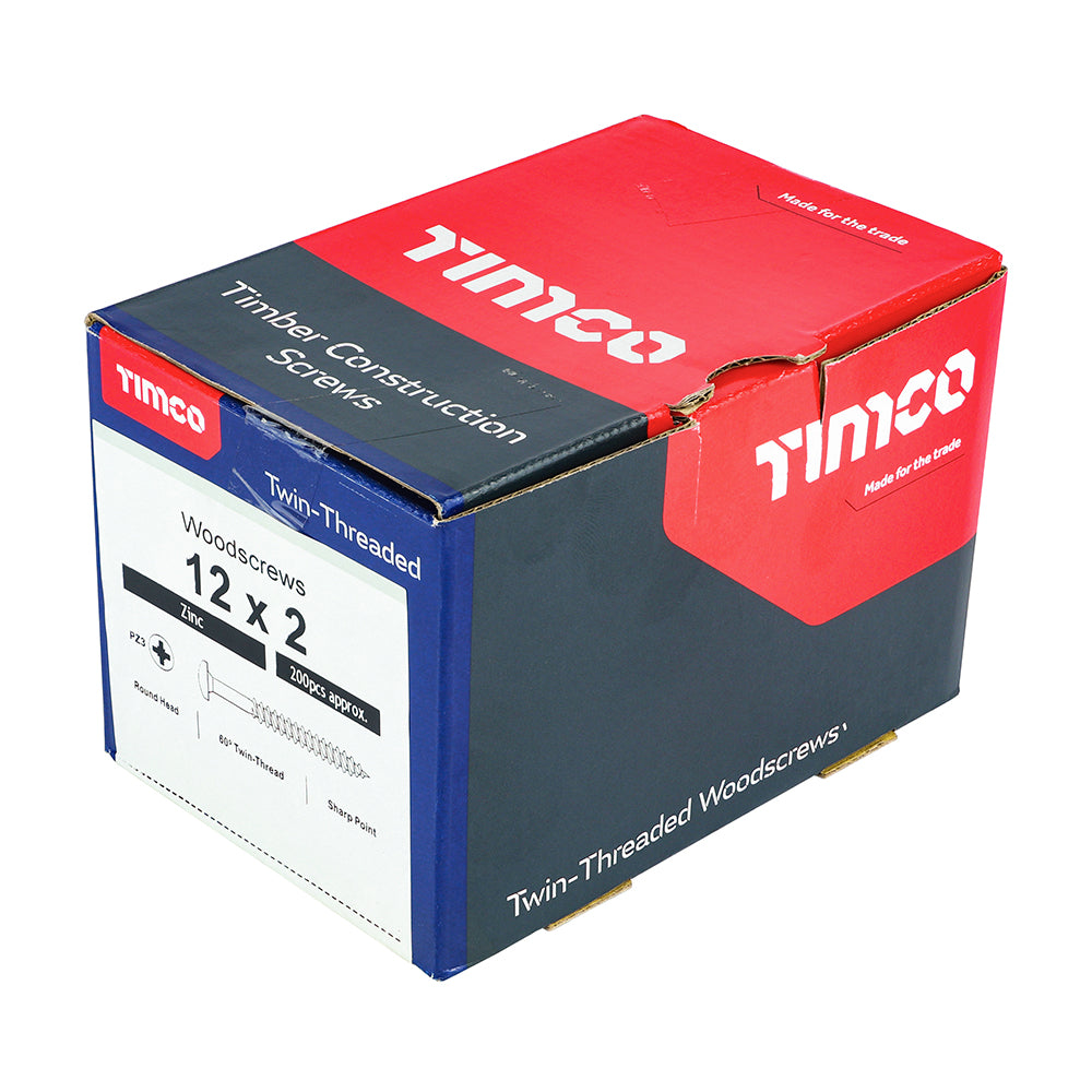 This is an image of Timco - Twin-Threaded Woodscrews - PZ - Round - Zinc 12 x 2" - (200 PCS Box) 00122CRWZ
