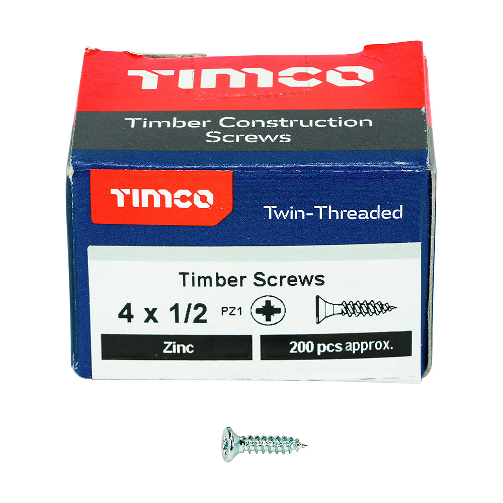 This is an image of Timco - Twin-Threaded Woodscrews - PZ - Double Countersunk - Zinc 4 x 1/2" - (200 PCS Box) 00412CWZ