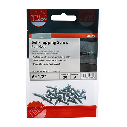 This is an image of Timco - Self-Tapping Screws - PZ - Pan - Zinc 6 x 1/2" - (20 PCS TIMpac) 00612CPAZP