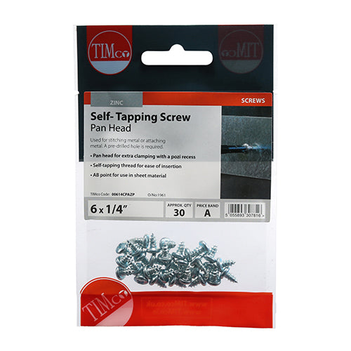 This is an image of Timco - Self-Tapping Screws - PZ - Pan - Zinc 6 x 1/4" - (30 PCS TIMpac) 00614CPAZP