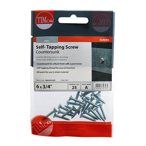 This is an image of Timco - Self-Tapping Screws - PZ - Countersunk - Zinc 6 x 3/4" - (25 PCS TIMpac) 00634CCAZP
