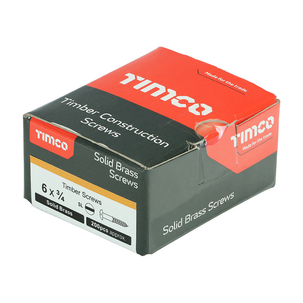 This is an image of Timco - Solid Brass Timber Screws - SLOT - Round 6 x 3/4" - (200 PCS Box) 00634RBS