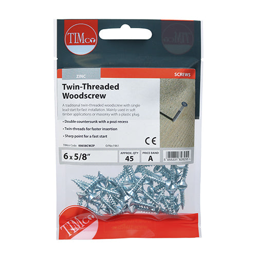 This is an image of Timco - Twin-Thread Woodscrews - PZ - Double Countersunk - Zinc 6 x 5/8" - (45 PCS TIMpac) 00658CWZP