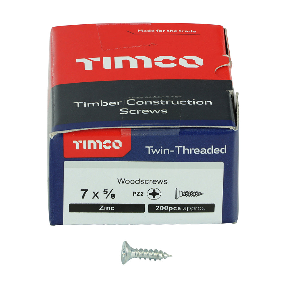 This is an image of Timco - Twin-Threaded Woodscrews - PZ - Double Countersunk - Zinc 7 x 5/8" - (200 PCS Box) 00758CWZ