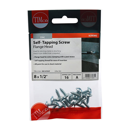 This is an image of Timco - Self-Tapping Screws - PZ - Flange Head - Zinc 8 x 1/2" - (16 PCS TIMpac) 00812CFAZP