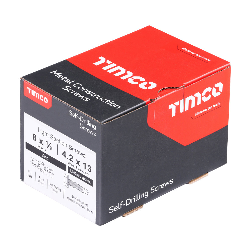 This is an image of Timco - Metal Construction Light Section Screws - Hex - Self-Drilling - Zinc 8 x 1/2" - (1000 PCS Box) 00812HWSD