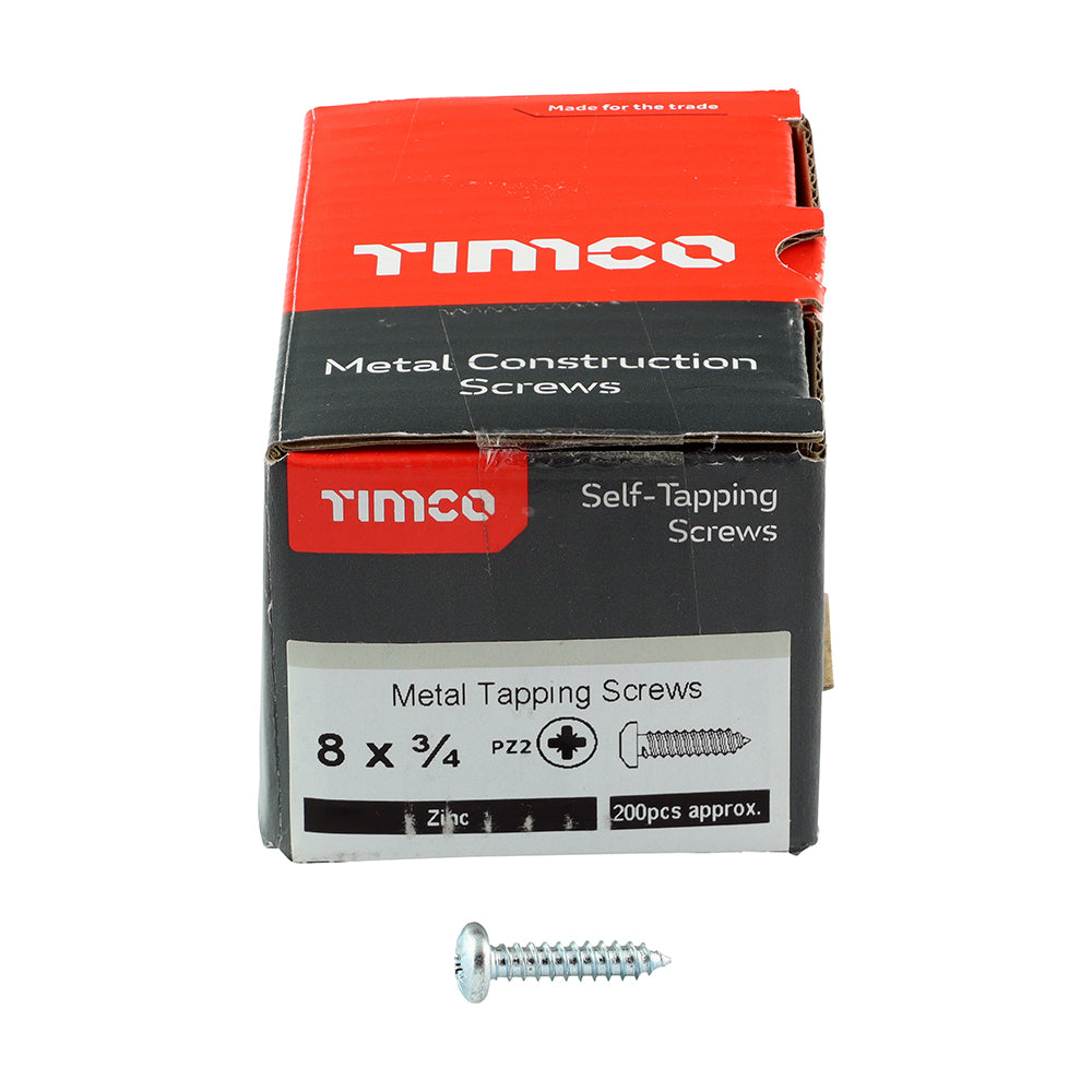 This is an image of Timco - Self-Tapping Screws - PZ - Pan - Zinc 8 x 3/4" - (200 PCS Box) 00834CPAZS