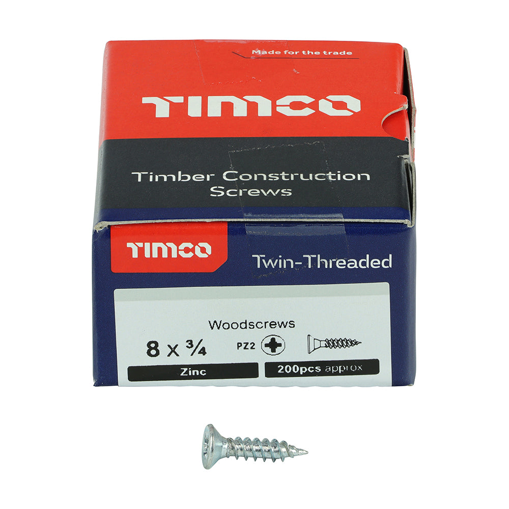This is an image of Timco - Twin-Threaded Woodscrews - PZ - Double Countersunk - Zinc 8 x 3/4" - (200 PCS Box) 00834CWZ