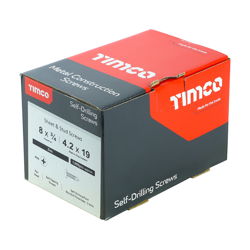 This is an image of Timco - Metal Construction Sheet & Stud Screws - PH - Pan - Self-Drilling - Zinc 8 x 3/4" - (1000 PCS Box) 00834PPSD