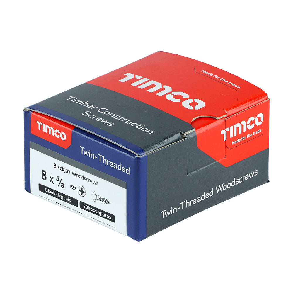 This is an image of Timco - Blackjax Woodscrews - PZ - Round - Black Organic 8 x 5/8" - (200 PCS Box) 00858BJC
