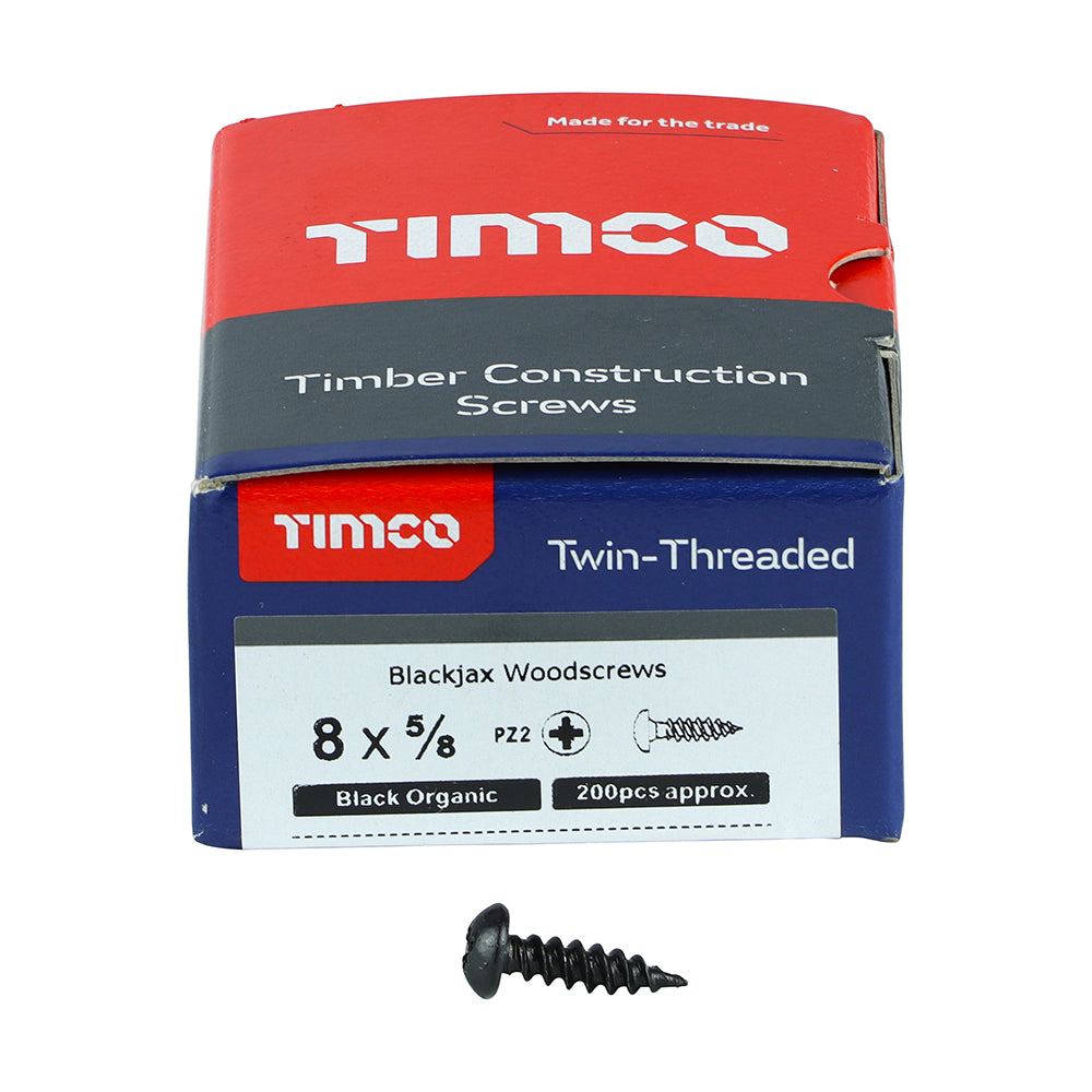 This is an image of Timco - Blackjax Woodscrews - PZ - Round - Black Organic 8 x 5/8" - (200 PCS Box) 00858BJC