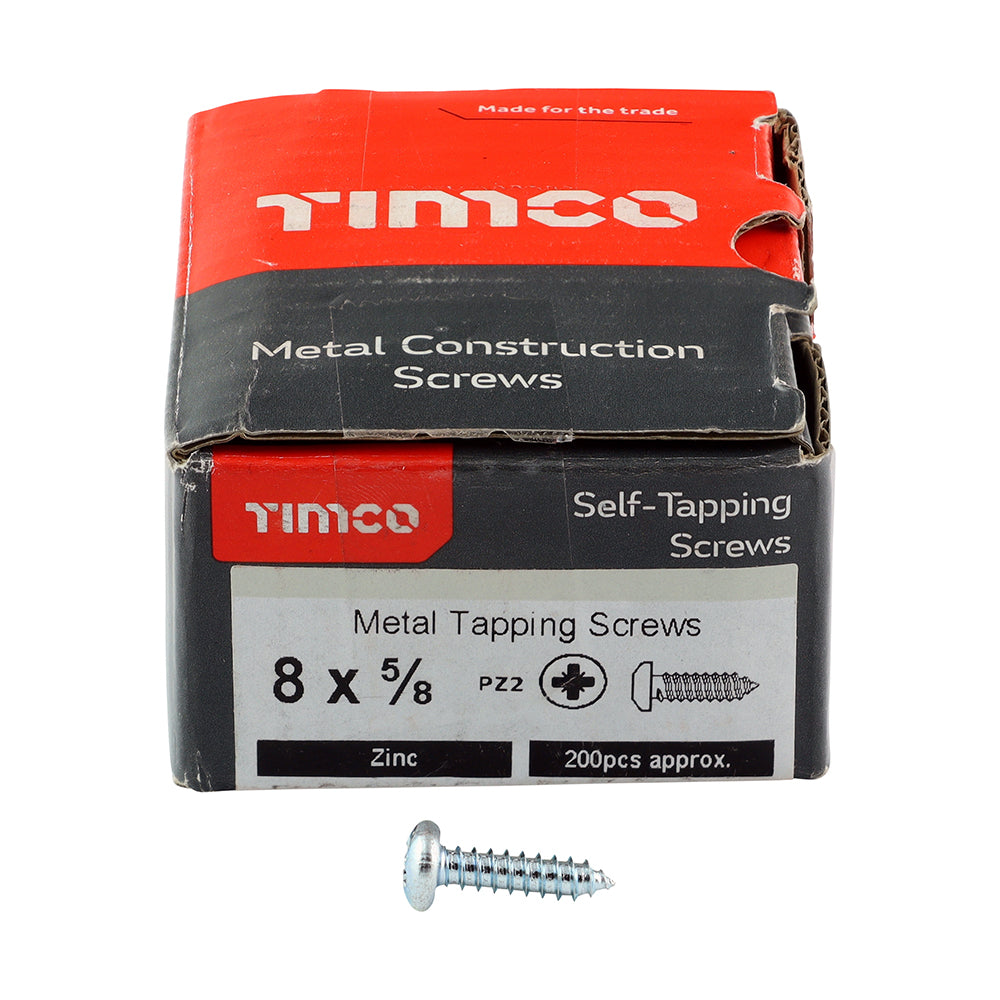 This is an image of Timco - Self-Tapping Screws - PZ - Pan - Zinc 8 x 5/8" - (200 PCS Box) 00858CPAZS