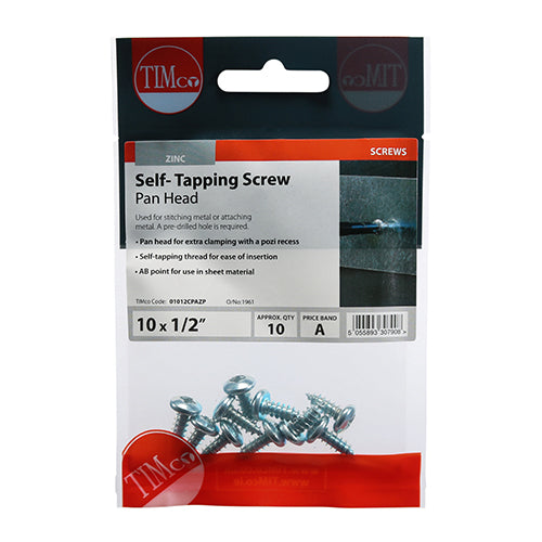 This is an image of Timco - Self-Tapping Screws - PZ - Pan - Zinc 10 x 1/2" - (10 PCS TIMpac) 01012CPAZP