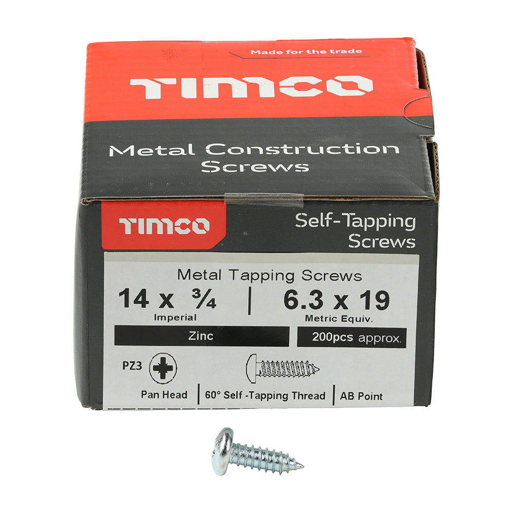 This is an image of Timco - Metal Tapping Screws - PZ - Pan - Self-Tapping - Zinc 14 x 3/4" - (200 PCS Box) 01434CPAZS