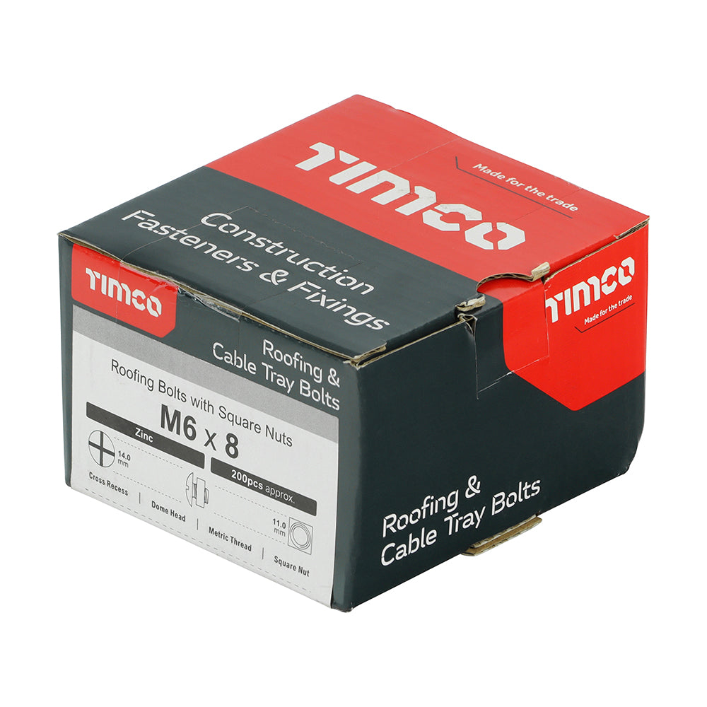 This is an image of Timco - Roofing Bolts with Square Nuts - Zinc M6 x 8mm - (200 PCS Box) 0608RB