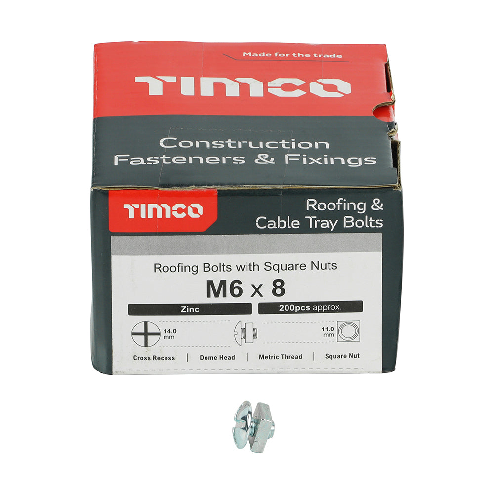 This is an image of Timco - Roofing Bolts with Square Nuts - Zinc M6 x 8mm - (200 PCS Box) 0608RB