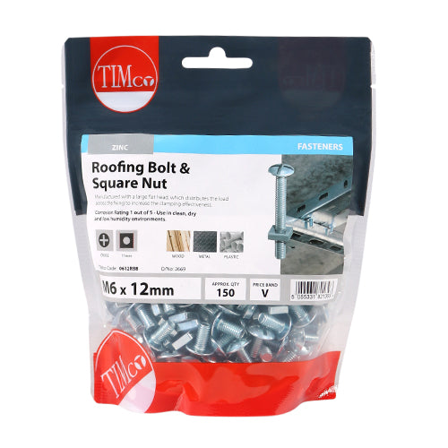 This is an image of Timco - Roofing Bolts & Square Nuts - Zinc M6 x 12mm - (150 PCS TIMbag) 0612RBB