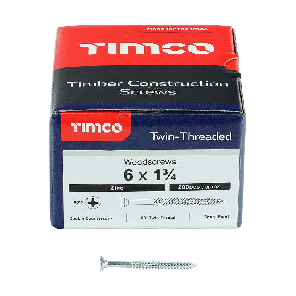 This is an image of Timco - Twin-Threaded Woodscrews - PZ - Double Countersunk - Zinc 6 x 1 3/4" - (200 PCS Box) 06134CWZ