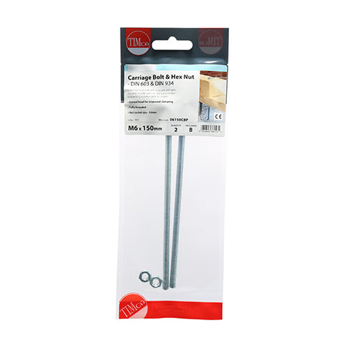This is an image of Timco - Carriage Bolts & Hex Nuts - Zinc M6 x 150mm - (2 PCS TIMpac) 06150CBP